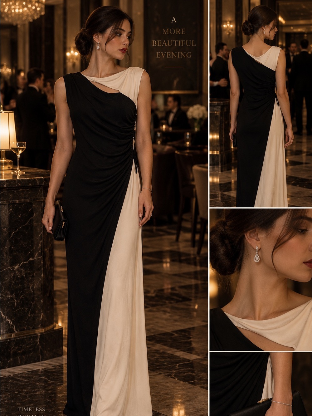 Ralph Lauren Black and Cream Colorblock Draped Maxi Dress